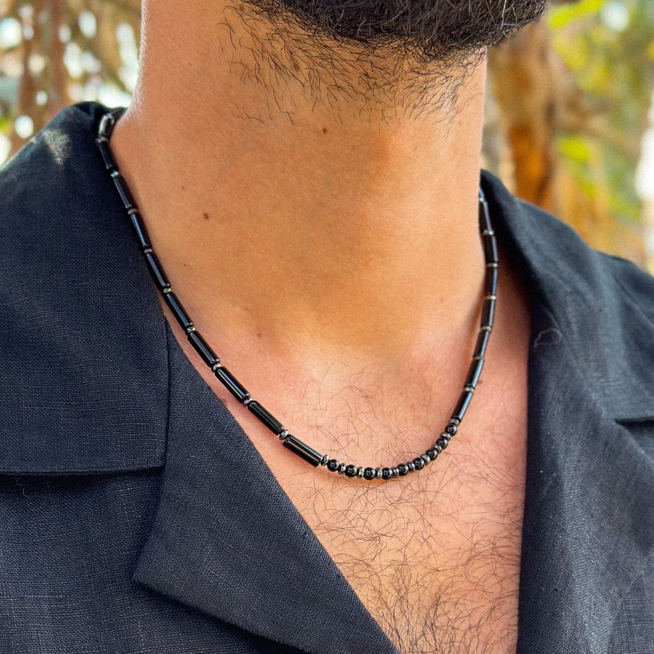 מחרוזת אוניקס המטייט וטורמלין שחור - פז