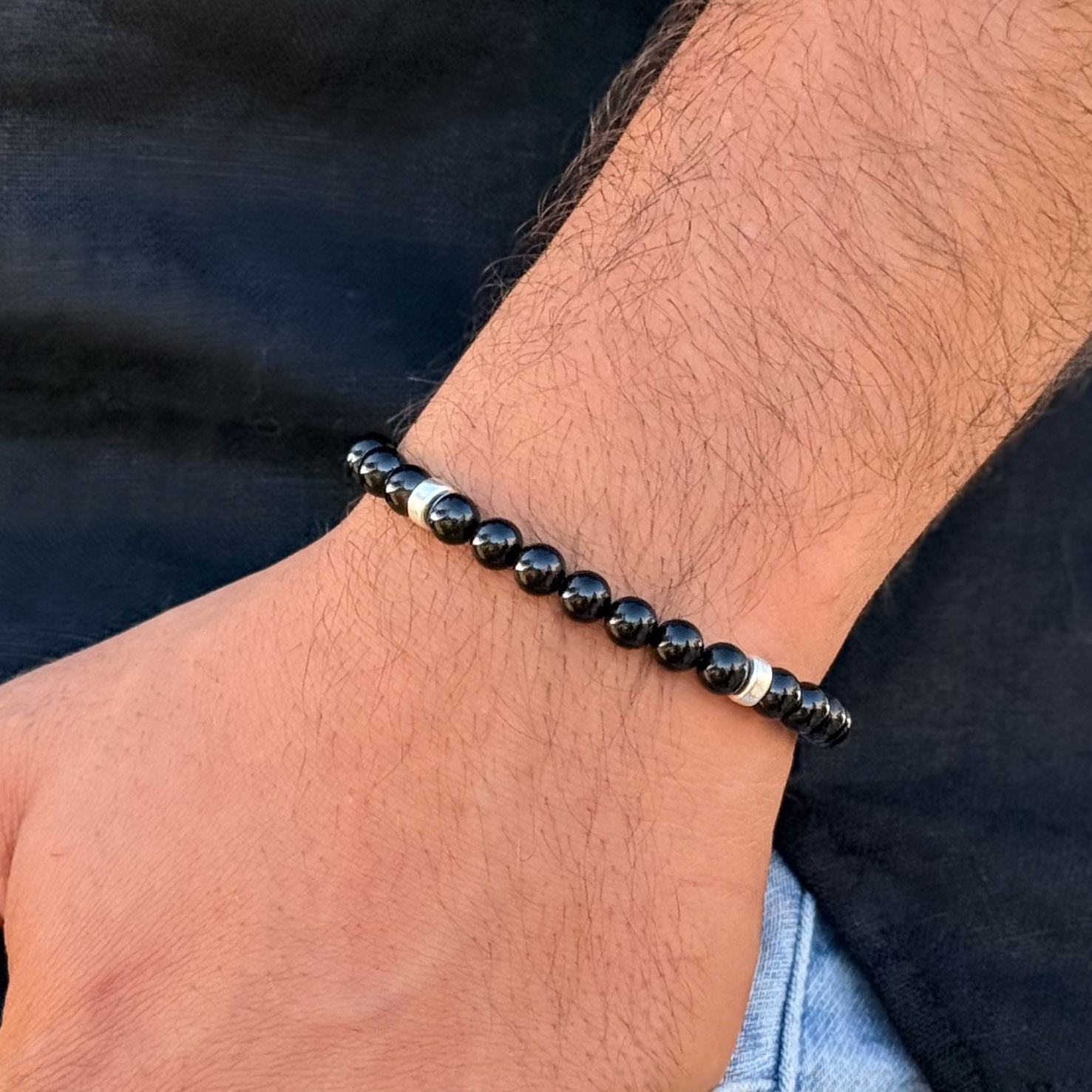 צמיד טורמלין שחור כדורים וכסף צמיד טורמלין שחור כדורים וכסף